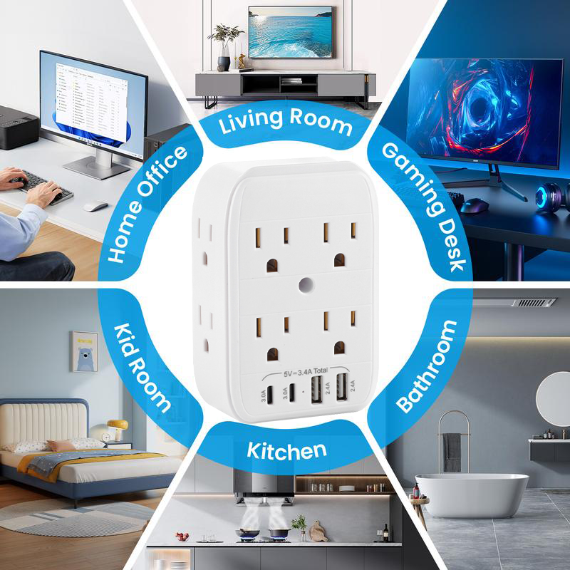 QIAWI ™ Product upgrade🔥9-in-1 Wall Outlet Extender with Surge Protection – 6 AC Plugs + 4 USB Ports (2 USB-C, 2 USB-A), ETL Certified, Smart Charging, No-Drill Install