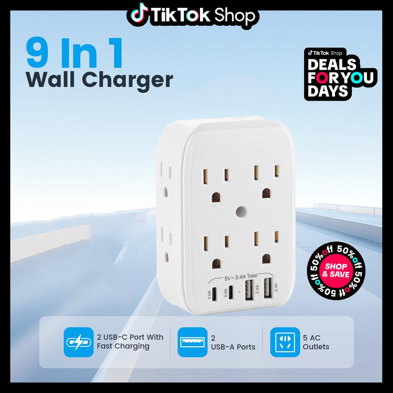 QIAWI ™ Product upgrade🔥9-in-1 Wall Outlet Extender with Surge Protection – 6 AC Plugs + 4 USB Ports (2 USB-C, 2 USB-A), ETL Certified, Smart Charging, No-Drill Install