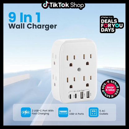 QIAWI ™ Product upgrade🔥9-in-1 Wall Outlet Extender with Surge Protection – 6 AC Plugs + 4 USB Ports (2 USB-C, 2 USB-A), ETL Certified, Smart Charging, No-Drill Install