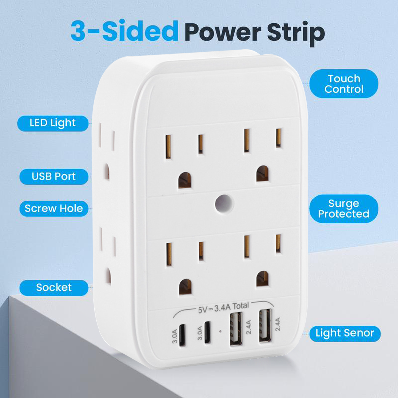 QIAWI ™ Product upgrade🔥9-in-1 Wall Outlet Extender with Surge Protection – 6 AC Plugs + 4 USB Ports (2 USB-C, 2 USB-A), ETL Certified, Smart Charging, No-Drill Install