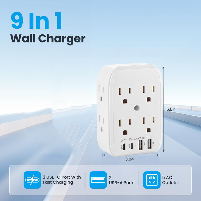 QIAWI ™ Product upgrade🔥9-in-1 Wall Outlet Extender with Surge Protection – 6 AC Plugs + 4 USB Ports (2 USB-C, 2 USB-A), ETL Certified, Smart Charging, No-Drill Install